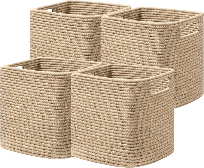 UBBCARE Set of 4 Storage Basket-12 X 12 X 12 in, Cotton Rope Basket for Shelves, Toys, Book, Cube Storage Bins with Handles, Woven Storage Basket for Organizing, Brown by UBBCARE