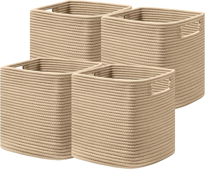 UBBCARE Set of 4 Storage Basket-11 X 10.5 X 10.5 In, Cotton Rope Basket for Shelves, Toys, Book, Cube Storage Bins with Handles, Woven Storage Baskets for Organizing, Brown by UBBCARE