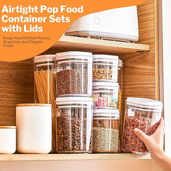 UFORU Pop Airtight Food Storage Containers, 8-Piece Canister Set with Lids | 0.37 Qt x2, 0.74 Qt x3, 1.0 Qt x2, 1.9 Qt x1, One-Touch Opening, BPA-Free, Stackable, Cereal, Rice, Flour, Snacks, Pantry Use - Image 7