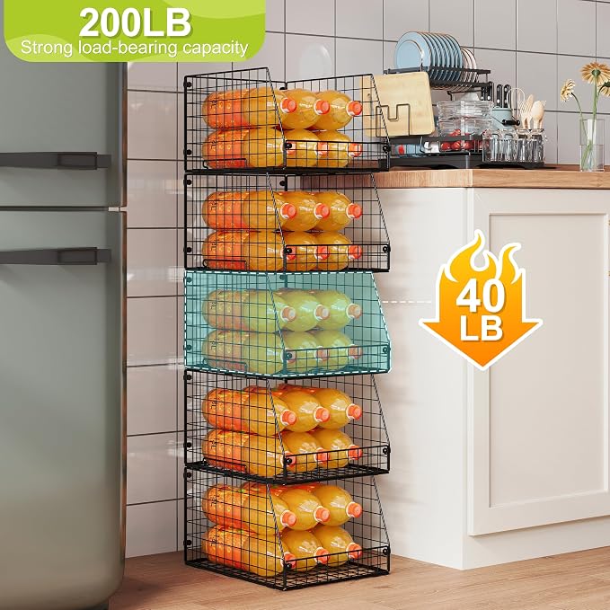Jakyitvi 5 Pack XXL Stackable Wire Storage Basket, Extra Large Capacity Pantry Organizer and Storage, Muti-Purpose for Fruit Vegetable Basket & Toy Bin & Snack Organizer - Image 3