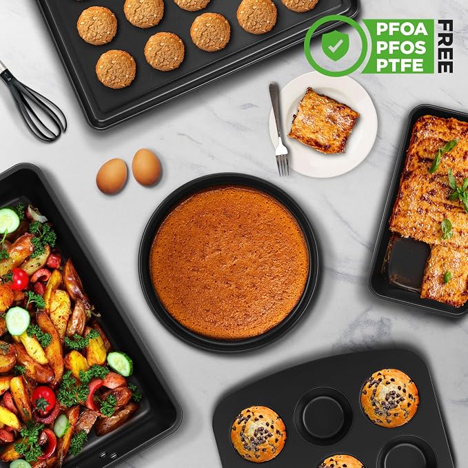 NutriChef 8-Piece Nonstick Stackable Bakeware Set – Non Toxic Carbon Steel Baking Trays W/Cookies Sheet Muffin, Loaf, Cake, Round & Square Pan – Easy To clean & Easy to Release, Oven Safe – Brown - Image 5