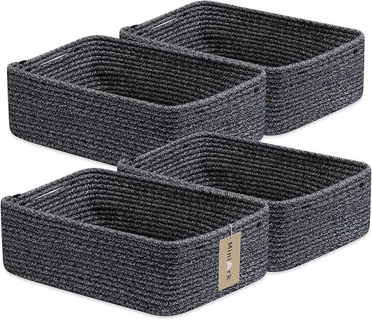 MiniArk Large Shallow Organizing Baskets 15x11x5.1 Inches - Rope Woven Storage Bins for Bathroom, Shelves, Cube Closet, Mixed Black 4 Packs by MiniArkStorageBasketsHome