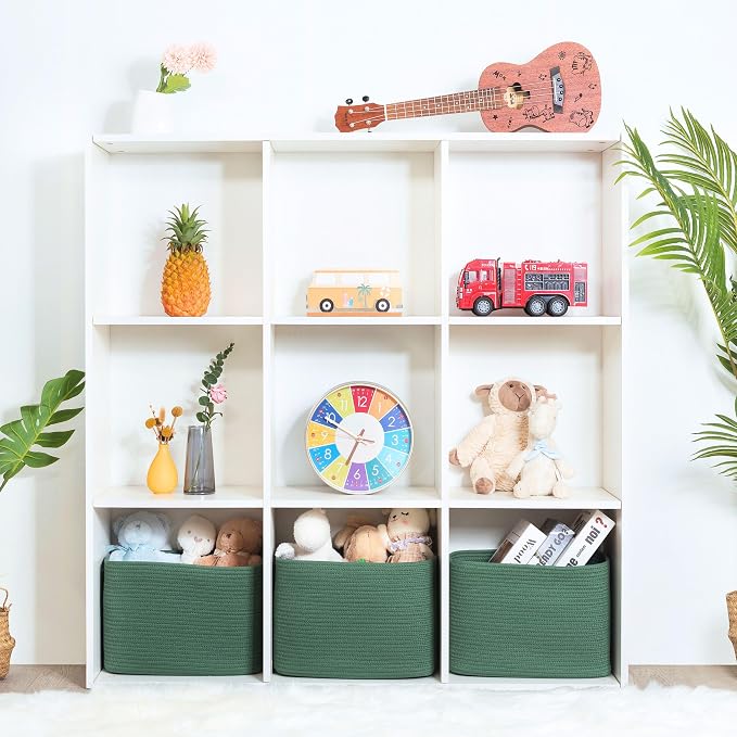 3-Pack Decorative Woven Storage Baskets for Shelves, Cube Bin Box for Organizing Books, Shoes, Dog Toys, Pantry Closet and Living Room Organizer, Forest Green - Image 4