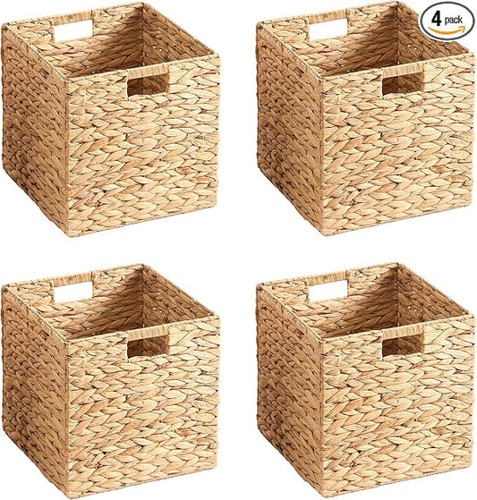 11x11x11 Wicker Storage Basket Set of 4, Water Hyacinth Woven Basket with Handles, Wicker Cube Storage Bins for Shelves, Foldable Square Storage Cubes for Living Room Bedroom Organizing, Natural by HADAMUYE