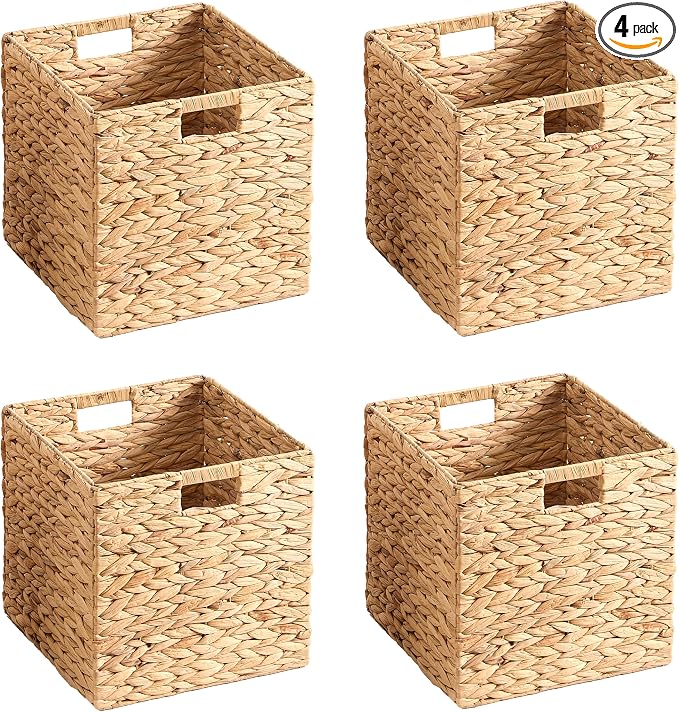 13x13x13 Wicker Storage Basket Set of 4, Water Hyacinth Woven Basket with Handles, Wicker Cube Storage Bins for Shelves, Foldable Square Storage Cubes for Living Room Bedroom Organizing, Natural by HADAMUYE
