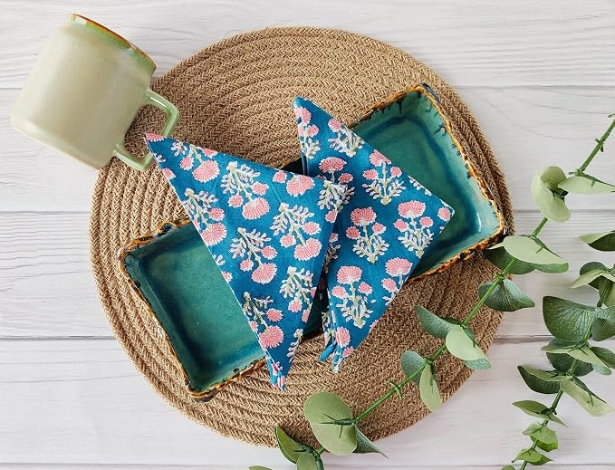 AVKA Studio Cotton Print Napkins 18x18 inches - Washable Cloth Dinner Napkins Set of 12 - Everyday Use or Dinner Party and Events - Teal Blue Indian Block Printed Soft Fabric - Image 2