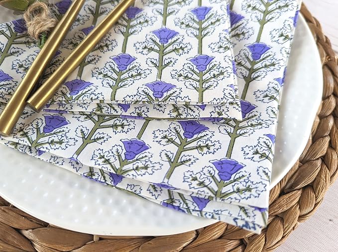 Washable Cotton Print Napkins 18x18 inches - Cloth Dinner Napkins Set of 6 - Everyday Use or Dinner Party and Events - Purple and White Indian Block Printed Soft Fabric by Craftbot - Image 3