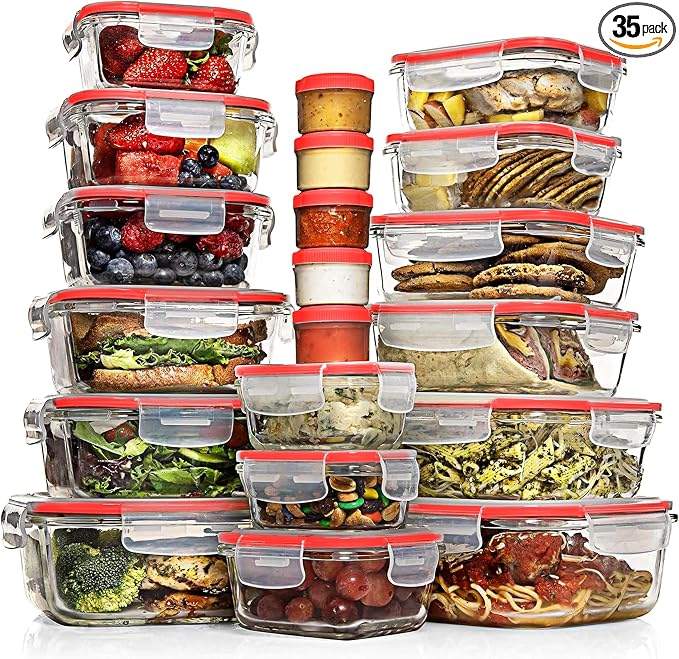 Razab 35 Pc Set Glass Food Storage Containers with Lids - Meal Prep Airtight Bento Boxes BPA-Free 100% Leak Proof (15 lids,15 glass & 5 Plastic Sauce/Dip Containers) by RazabHomeGoods