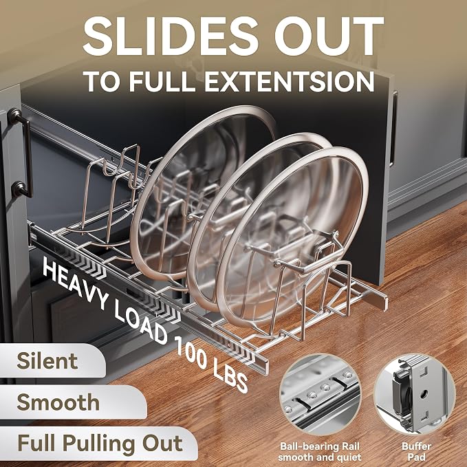 Slide Out Pot Lid Organizer Under Cabinet, Wire Dividers Kitchen Pull Out Pot Lid Storage Rack Holder, Full-Extension Rail 15" W*22" D - Image 4