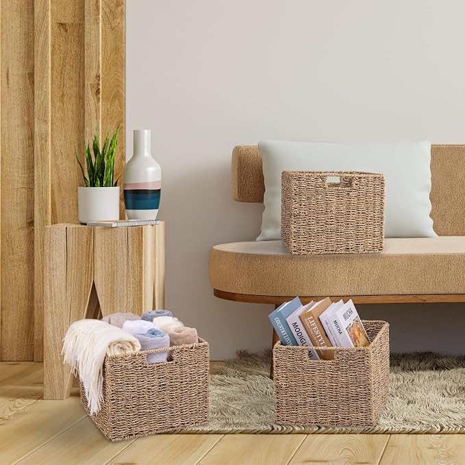 12x12x10in Seagrass Storage Baskets Set of 4, Large Wicker Storage Basket, Decorative Seagrass Shelf Basket, Pantry Baskets Organization,Folding Storage Cube Bins - Image 6