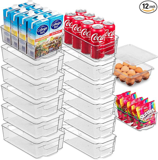 Oizeir Refrigerator Organizer Bins - Clear Plastic, Stackable, Narrow and Wide Bin Sizes, Egg Tray with Lid. Great Storage for Fridge, Cabinets, Countertops and Pantry. (Set of 12) by Oizeir