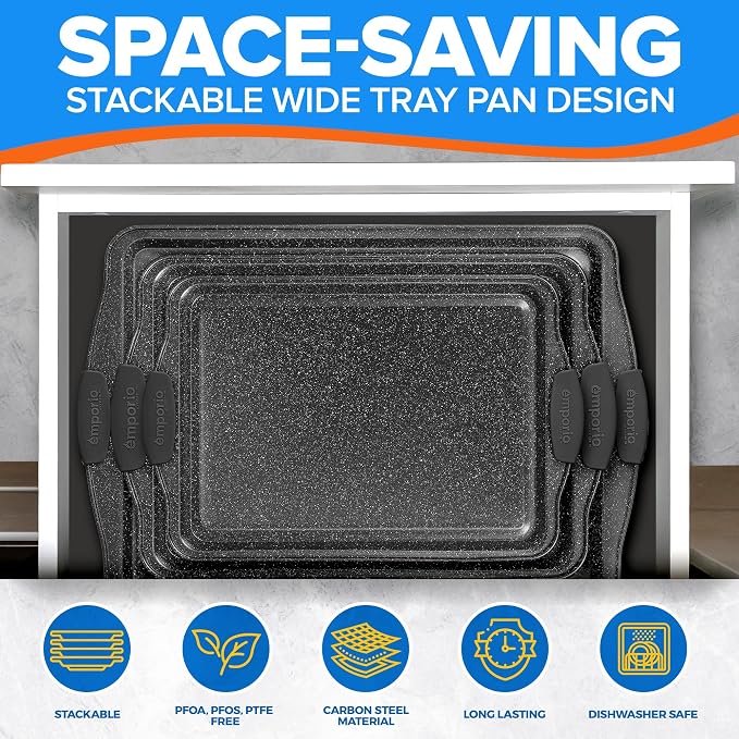 Emporio Kitchen Baking Pan Set - Nonstick Coating, Carbon Steel Bakeware Sets with Gray Silicone Handles, PFOA, PFOS, PTFE Free, Recipe Booklet Included, Oven Safe Tray (Up To 450° F), Set of 3 - Gray - Image 5