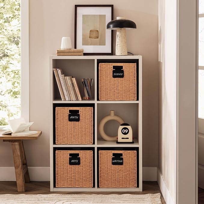 UBBCARE 4 Pack Wicker Basket, 13×13 Storage Cubes with Label, Foldable Cube Storage Bin with Handle, Square Storage Basket for Shelves, Woven Paper Rope Basket for Organizing, Caramel - Image 5