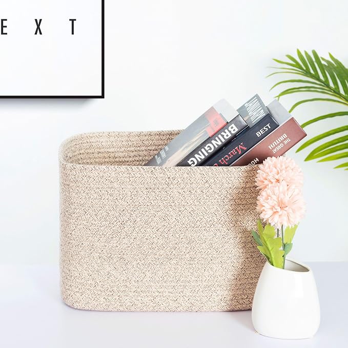 3-Pack Decorative Woven Storage Baskets for Shelves, Cube Bin Box for Organizing Books, Shoes, Dog Toys, Pantry Closet and Living Room Organizer, Oatmeal Brown - Image 2