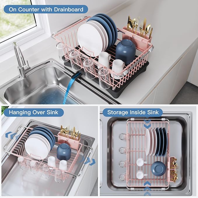JASIWAY Pink Dish Drying Rack in Sink with Drainboard and Utensil Holder | Use Over the Sink or Counter, Stainless Steel Expandable Dish Drainer for Small Kitchen, Space Saving, Fast Drain, Rustproof - Image 2