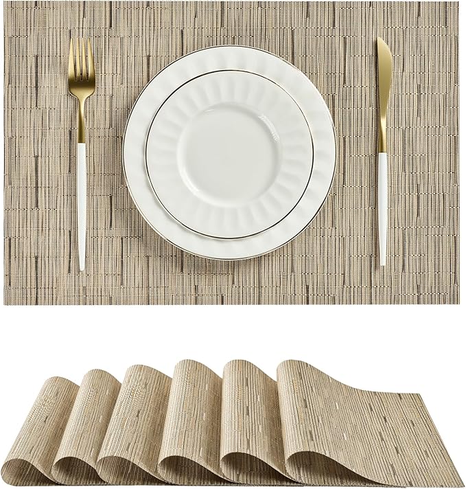 Leetaltree Light Brown Placemats Set of 6 - Heat Resistant Non-Slip Place mats for Dining Table, Washable Durable PVC Vinyl Woven Table Mats（Light Brown, 6） by Leetaltree-ArtatEveryTable