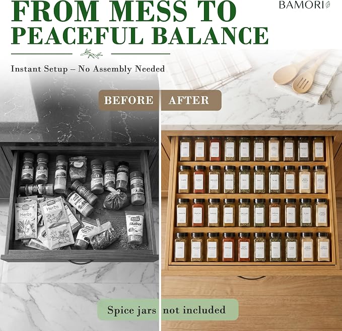 Bamboo Spice Drawer Organizer, Expandable 12 to 23 Inch Insert Holds 48 Jars, 4 Tier Seasoning Rack for Kitchen Drawer or Countertop, Adjustable Wood Spice Organizer - Image 7
