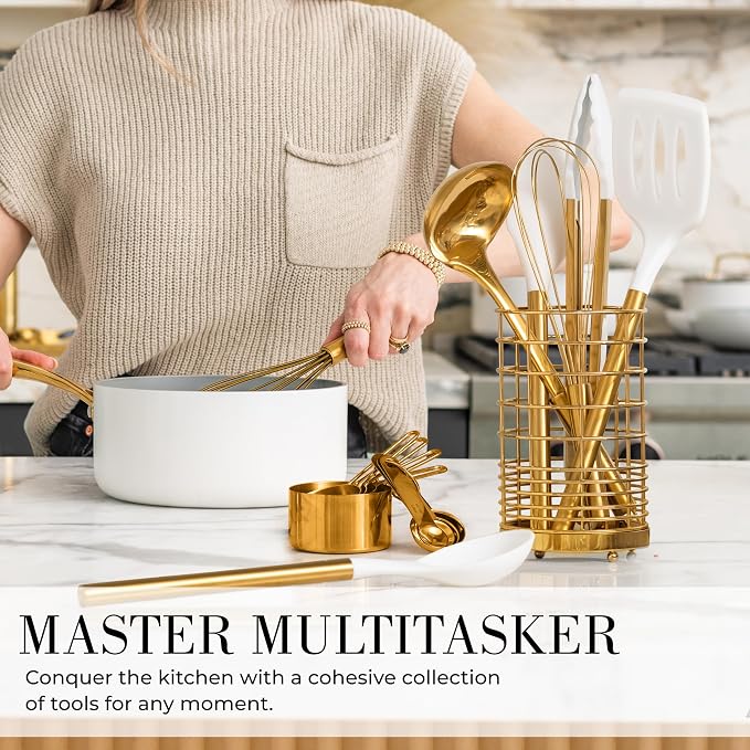 Styled Settings White and Gold Kitchen Utensils Set with Holder, 15-Piece | Nonstick BPA-Free Silicone Cooking Utensils with Measuring Cups and Spoons - Luxury Kitchen Accessories for Stylish Cooking - Image 3