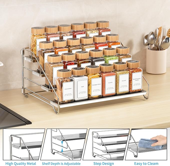 BOIVSHI Spice Organizer for Cabinet, Adjustable Depth Spice Shelf - Chrome | 4 Tier Spice Rack, Space-saving Spice Organization for Cabinet and Counter, Keep Your Kitchen Neat and Organized - 1 Pack - Image 8