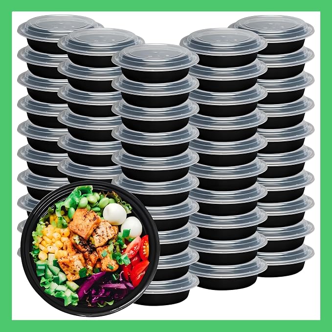 Meal Prep Containers Round [10 Set] x [48 oz] with Lids, 1 compartment, Stackable, Reusable, Leakproof, Food Safe, Microwave, Freezer & Dishwasher Safe for Food Prep Storage (10 Set, 48 oz) by Pokanic%C2%AE