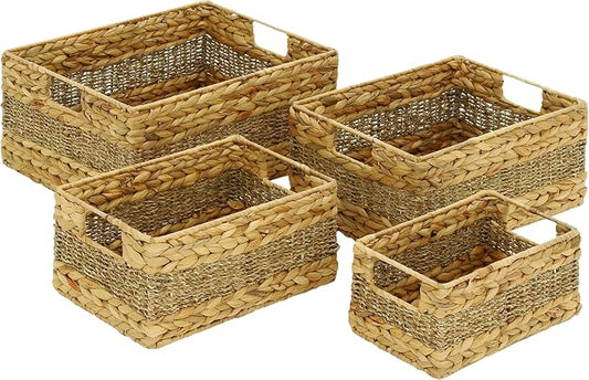 Deco 79 Seagrass Storage Basket Set of 4 15", 14", 12", 9"W, Light Brown | Easy home organization, woven baskets for organizing, decorative baskets with handles, nesting, braided seagrass by Deco79