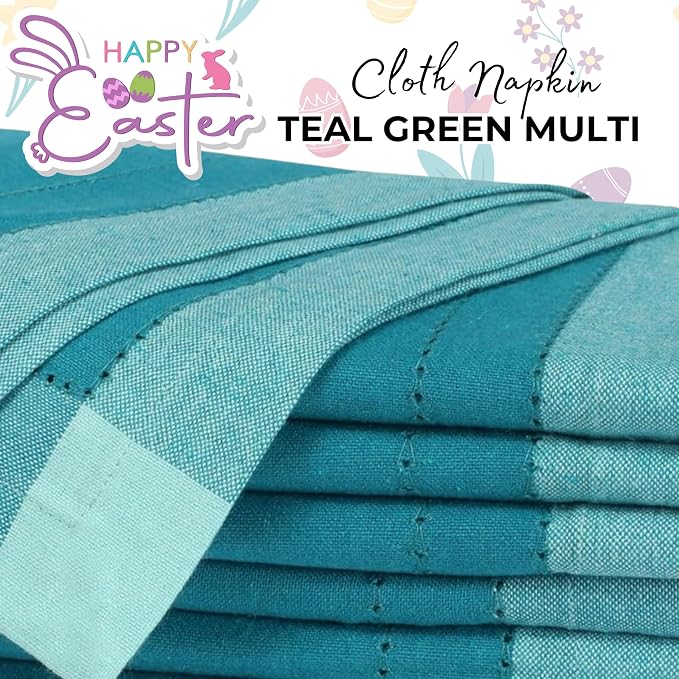 Bedding Craft Cotton Cloth Dinner Napkins Set of 12 – 20x20 Teal Multi Double Hemstitched – Machine Washable Reusable Fabric Napkins for Weddings & Dinner Tables - Image 3