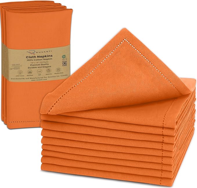 Ruvanti Cloth Napkins Set of 12, 100% Cotton High GSM 18x18 Inches, Hem Stitched Corners, Soft, Washable, Highly Durable & Absorbent, Perfect for Parties, Christmas, Thanksgiving Dinners – Orange Peel by Ruvanti