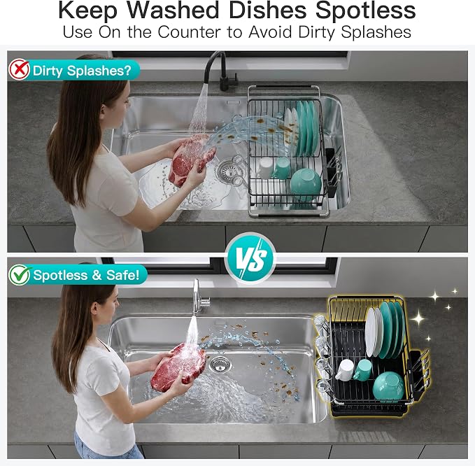 JASIWAY Black Dish Drying Rack in Sink with Drainboard and Utensil Holder | Use Over the Sink or Counter, Stainless Steel Expandable Dish Drainer for Small Kitchen, Space Saving, Fast Drain, Rustproof - Image 4