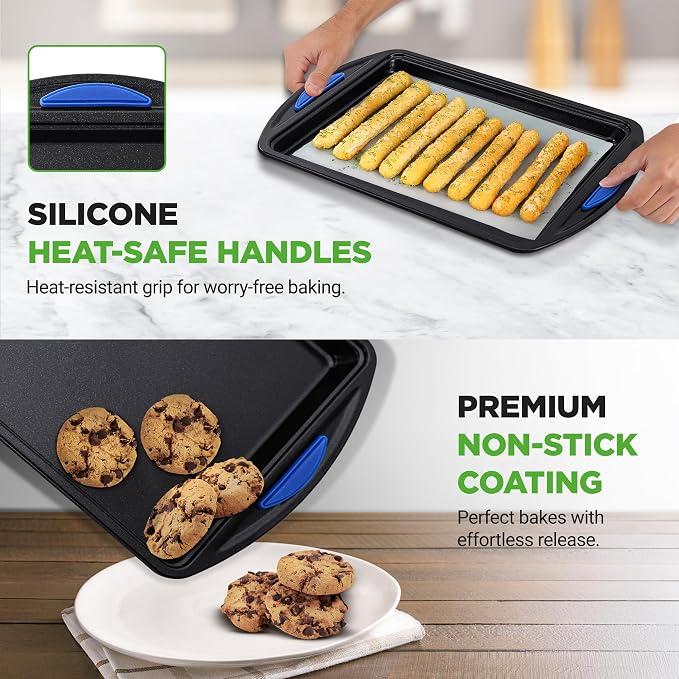 NutriChef 3-Piece Nonstick Cookie Sheets for Baking – Carbon Steel Stackable Bakeware Set w/ Silicone Handles - Non Toxic Baking Pan - Durable & Wrap Resistance, Oven Safe - Easy cleanup - Image 6