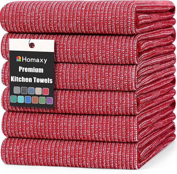Homaxy 380 GSM Cotton Premium Kitchen Towels 6 Pack, 18"x 28", Red | Flat and Terry Dish Towels, Highly Absorbent Tea Towel Set with Hanging Loop, Soft Utility Kitchen Hand Towels by Homaxy