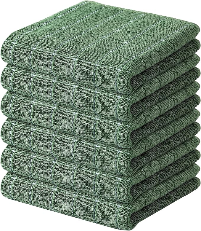 Kitinjoy 100% Cotton Terry Kitchen Towels, 13”x 28”, 6-Pack, Green | Checkered Designed, Ultra Soft Absorbent Quick Drying Dish Towels by Kitinjoy