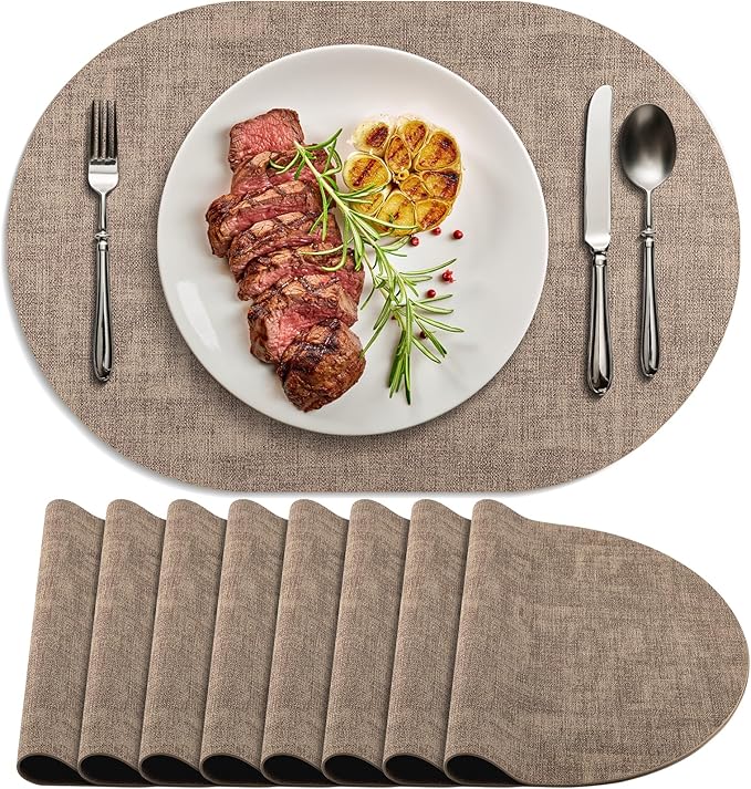 Placemats Set of 8 Non Slip, Heat Resistant Oval Faux Leather Place mats Double Layer, Waterproof Table Mats Easy to Clean for Kitchen Dining Room Coffee Office Table, Apricot by Delicateandelegantplacemats