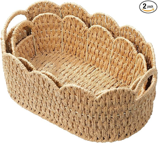 Coeusy Paper Rope Scalloped Basket Set of 2, Wicker Storage Baskets for Shelves,Gifts,Books,Toys,Cute Decor Rattan Baskets for Organizing,Natural Color by WEAVECOMFORTINTOEVERYCORNER