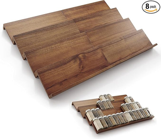 Tinamo Acacia Wooden Spice Rack Organizer for Cabinet - Spice Drawer Insert, Spice Organization for Cabinet, Seasoning Organizer, Spice Holder Pack of 8 (Walnut, Pack 8) | Acacia Wood Construction, No assembly, Stackable 4-tray design, Spacious for up ... by TINAMO