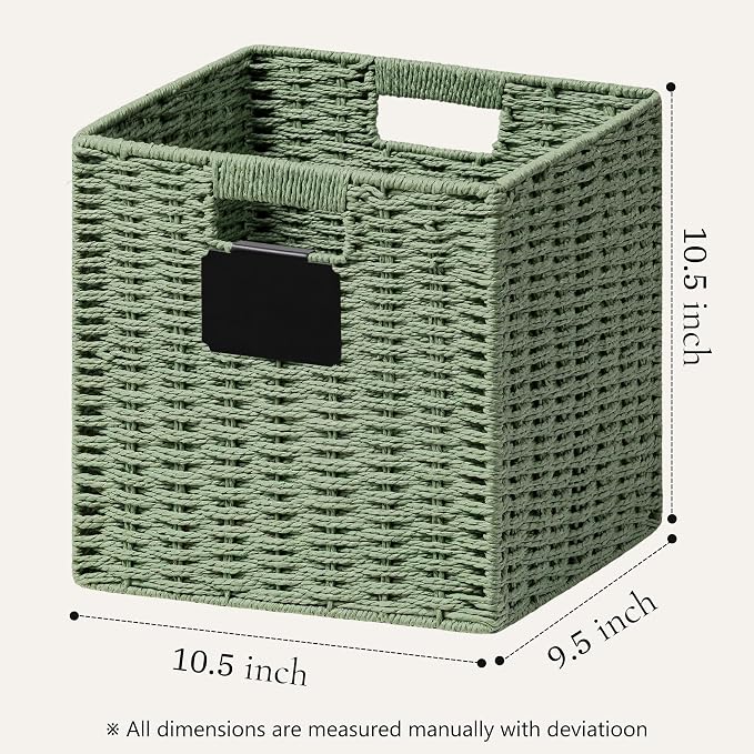 UBBCARE 2 Pack Wicker Basket, 10.5×10.5 Storage Cubes with Label, Foldable Cube Storage Bin with Handle, Square Storage Basket for Shelves, Woven Paper Rope Basket for Organizing, Green - Image 2