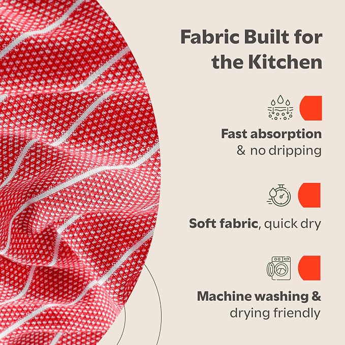 Zeppoli Classic Kitchen Towels - 6 Pack 100% Natural Cotton Towel Set, Reusable Wash Cloths, Absorbent Dish Towels, Machine Washable Hand Towels, Kitchen Essentials, 20� x 28� - Red VAR - Image 4