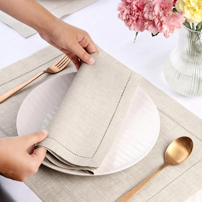 Signature Linen™ by D'Moksha Light Natural Dinner Napkins Set of 8, 20 x 20 Inch Cloth Napkins, 100% Pure Linen, Hemstitch, Machine Washable Table Napkins- Summer, Weddings, Outdoor hostings - Image 2