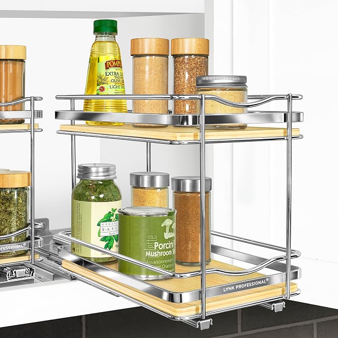 LYNK PROFESSIONAL® Élite™ Pull Out Spice Organization for Cabinets - 6-3/8 inch Wide – Spice Rack for Inside Cabinets – Wood/Chrome - Sliding Spice Rack Organizer for cabinet – Spice Rack - 2 Tier - Image 8
