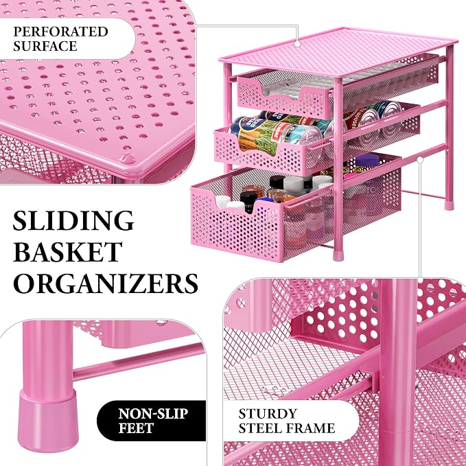 Simple Houseware Stackable 3 Tier Sliding Basket Organizer Drawer, Pink - Image 4