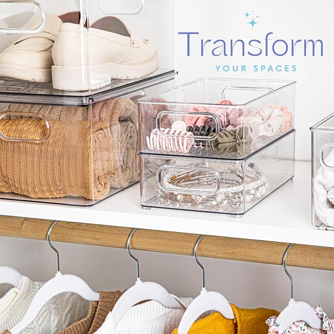 Plastic Food Storage 4 Pack Clear Container Bin with Handles for Organizing Kitchen, Pantry, Refrigerator, Freezer, Pantry, Cabinet, Closet, Bathroom. Stackable 10”x6”x3” - Image 6