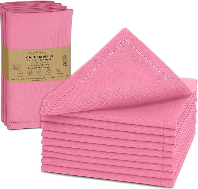 Ruvanti Cloth Napkins Set of 12, 100% Cotton High GSM 18x18 Inches, Hem Stitched Corners, Soft, Washable, Highly Durable & Absorbent, Perfect for Parties, Christmas, Thanksgiving Dinners – Pink by Ruvanti