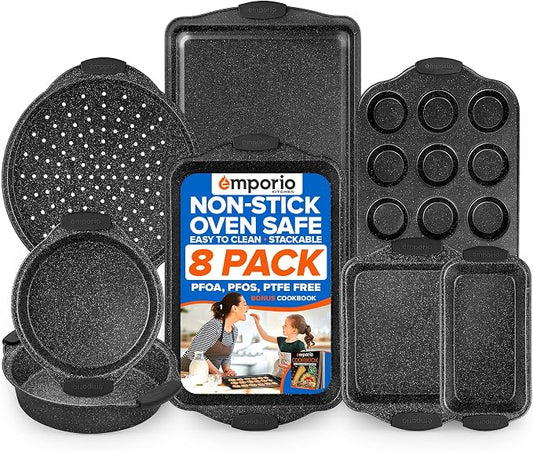 Emporio Kitchen Baking Pan Set - Nonstick Coating, Carbon Steel Bakeware Sets with Gray Silicone Handles, PFOA, PFOS, PTFE Free, Recipe Booklet Included, Oven Safe Tray (Up To 450° F), Set of 8 - Gray by Unknown