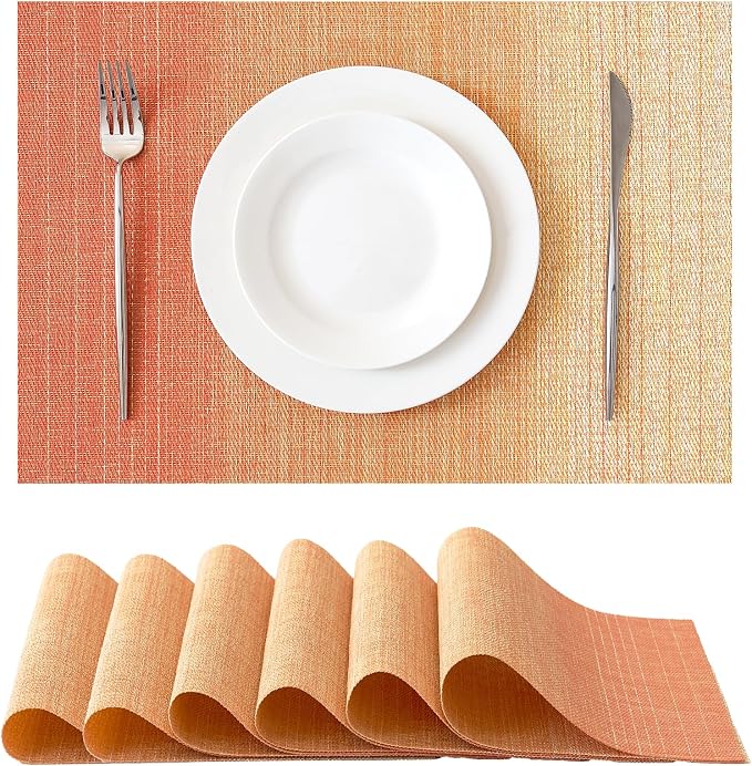 Leetaltree Gradient Burnt Orange Woven Placemats Set of 6 - Heat Resistant Non-Slip Place Mats for Dining Table, Washable Durable PVC Vinyl Woven Table Mats(Gradient Orange-red, 6) by Leetaltree-ArtatEveryTable