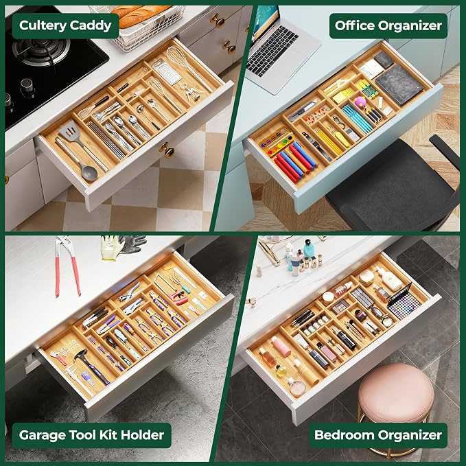 Large Silverware Organizer, 13 Slots Magnetic Connected Expandable Bamboo Utensil Drawer Organizer From 21 to 37.4 Inches, Adjustable Flatware and Cutlery Holder, Utensil Tray for Kitchen Natural - Image 8