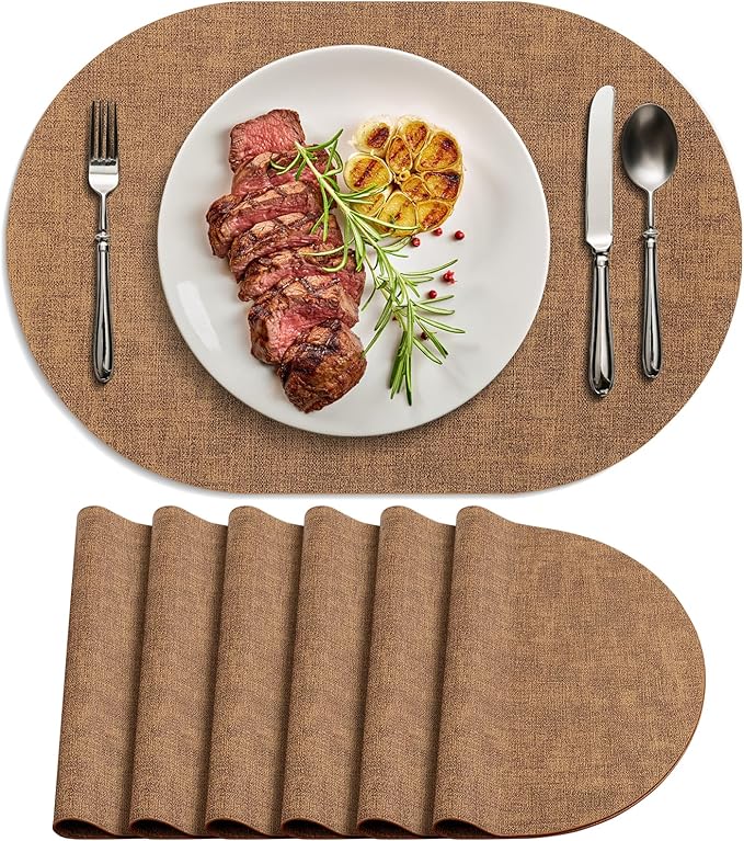 Placemats Set of 6 - Washable Heat Resistant Table Placemats - Wipeable Faux Leather Oval Place Mats, Waterproof Table Mats for Dining Table, Brown by Delicateandelegantplacemats