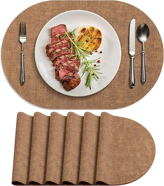 Placemats Set of 6 - Washable Heat Resistant Table Placemats - Wipeable Faux Leather Oval Place Mats, Waterproof Table Mats for Dining Table, Brown by Delicateandelegantplacemats