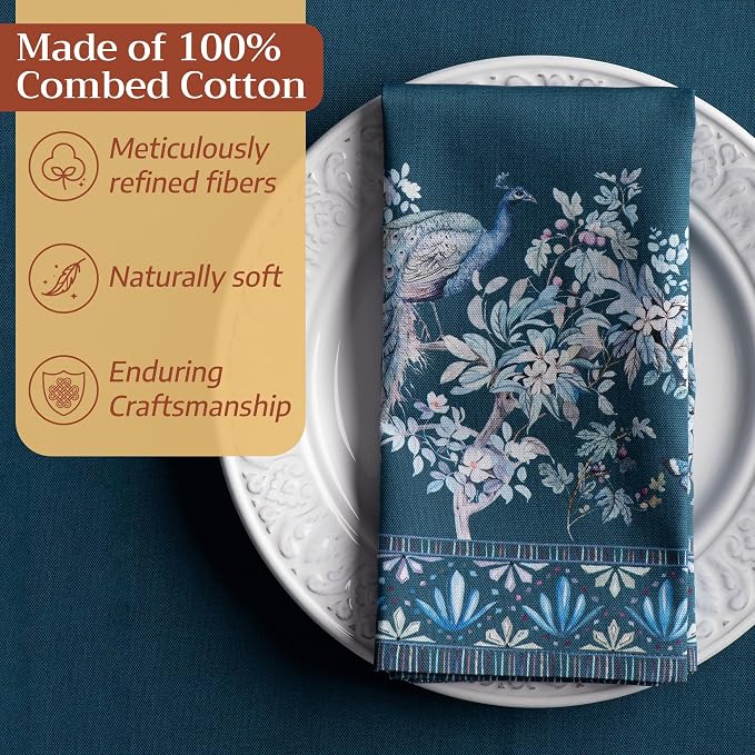 Maison d' Hermine Cloth Napkins Set of 4 100% Combed Cotton (20" x 20") | Everyday Square Napkins Cloth Washable Dinner Party Wedding Hotel Kitchen Spring Summer - Peacock Utopia - Deep Sea - Image 4