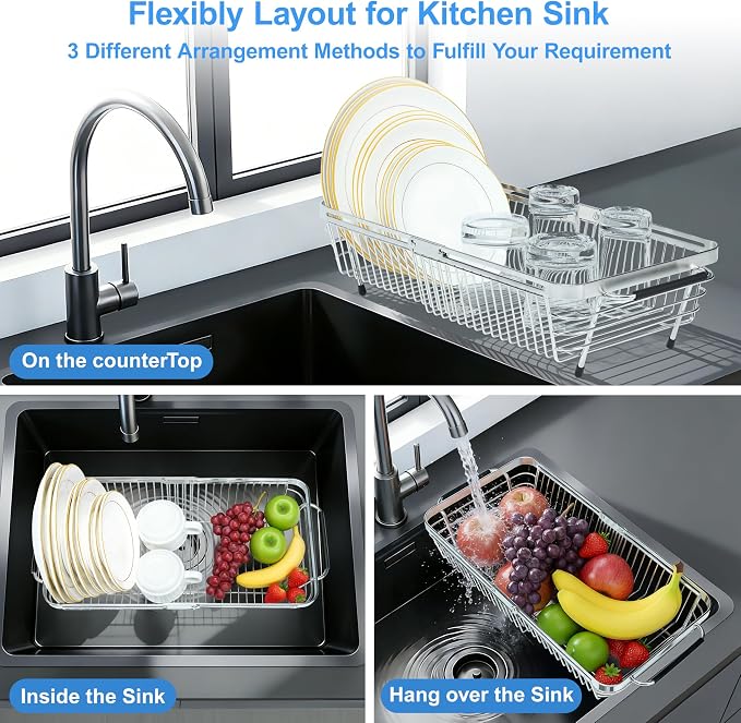 Over The Sink Dish Drying Rack Expandable Kitchen Sink Organizer | 304 Stainless Steel Dish Rack in Sink Drying Rack 2-in-1 Extend Sink Drain Basket and Dish Drainers for Kitchen Counter - Image 7