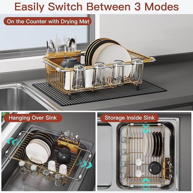 JASIWAY Gold Dish Drying Rack in Sink with Mat, Cups and Utensil Holder | Use Over the Sink or Counter, Stainless Steel Expandable Dish Drainer for Small Kitchen, Space Saving, Fast Drain, Rustproof - Image 2