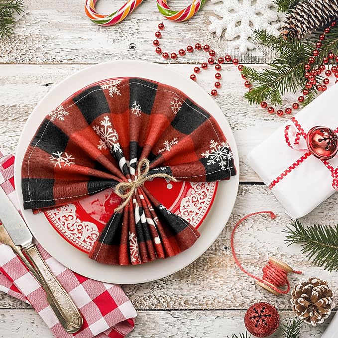 Funnymoom 24 Pcs Christmas Plaid Cloth Napkins Buffalo Gingham 15 x 15 Inches Snowflakes Black and Red Checked Cotton Dinner Napkins Soft Absorbent Washable for Holiday Winter Xmas Party - Image 5